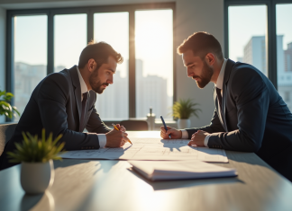 Réunion entre propriétaire et gestionnaire avec plans et documents