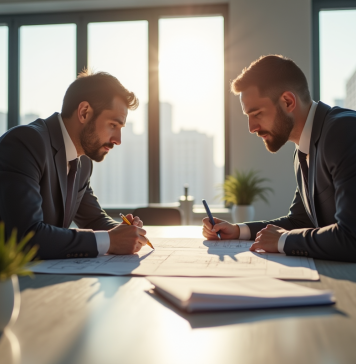 Réunion entre propriétaire et gestionnaire avec plans et documents