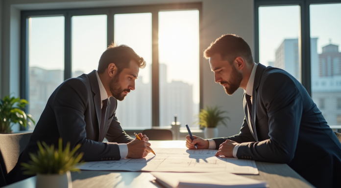 Réunion entre propriétaire et gestionnaire avec plans et documents