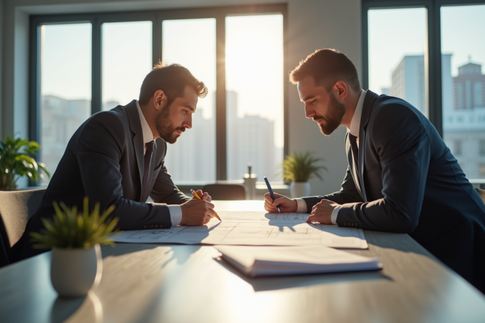 Réunion entre propriétaire et gestionnaire avec plans et documents