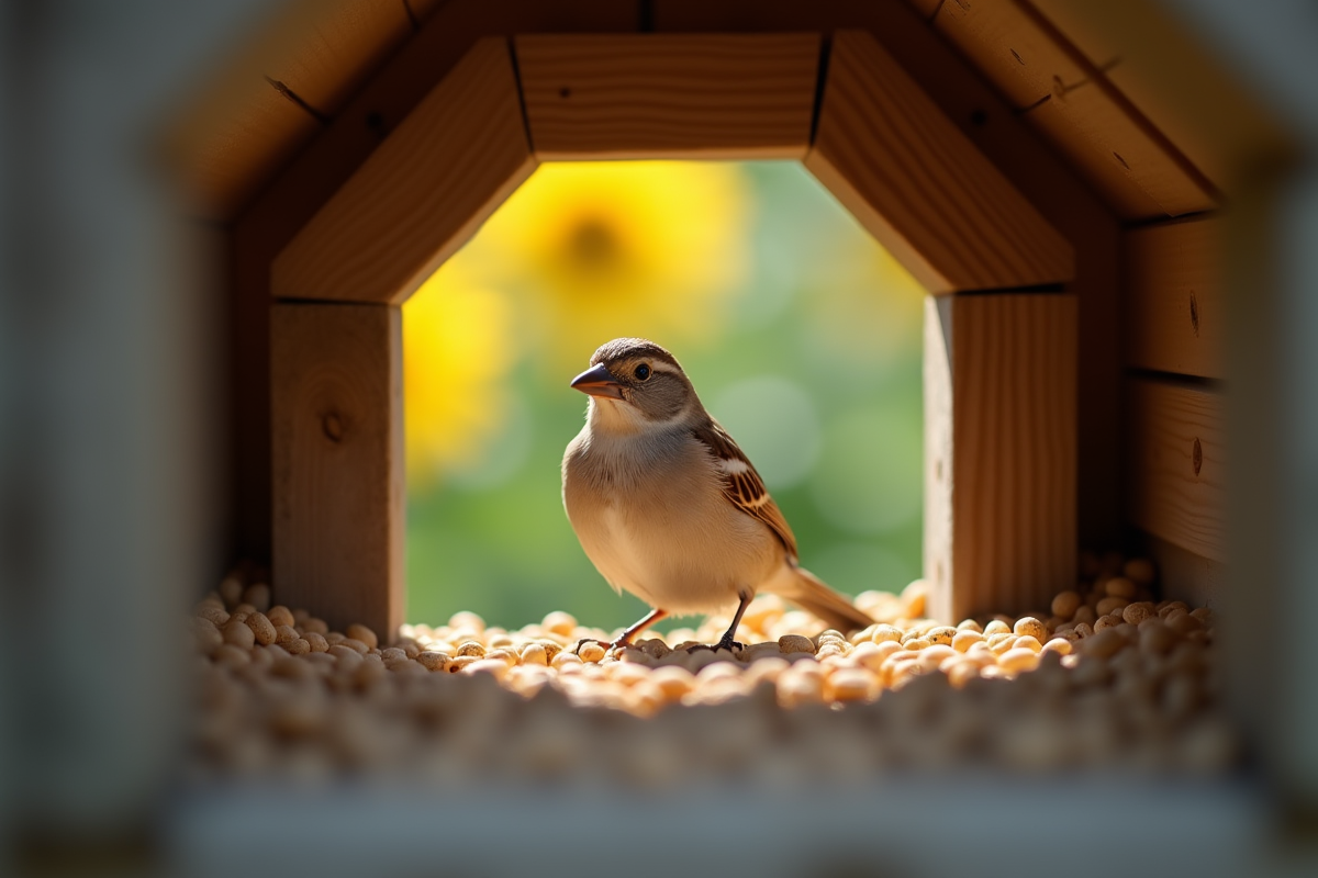 Roussignol se nourrissant de graines de tournesol dans un hide
