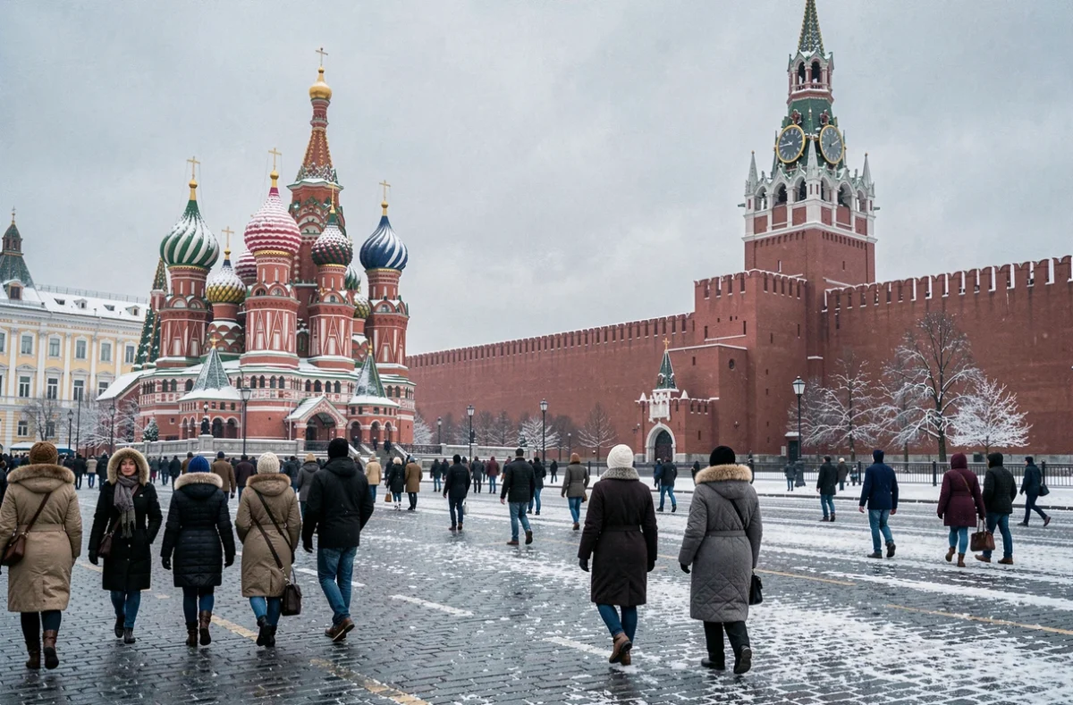 La Place Rouge à Moscou en hiver avec la cathédrale Saint-Basile enneigée et des promeneurs en manteaux lourds