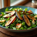 Salade colorée avec aubergine et edamame sur table