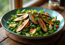Salade colorée avec aubergine et edamame sur table