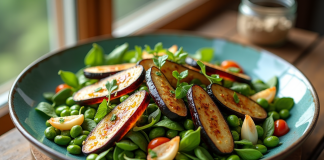 Salade colorée avec aubergine et edamame sur table