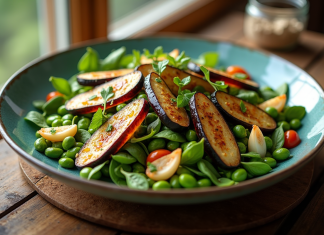 Salade colorée avec aubergine et edamame sur table