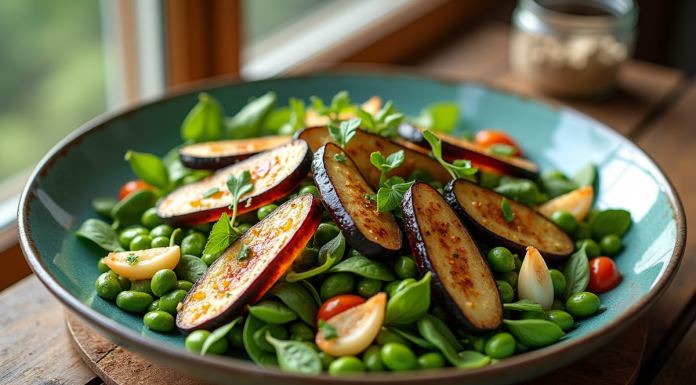 Salade colorée avec aubergine et edamame sur table