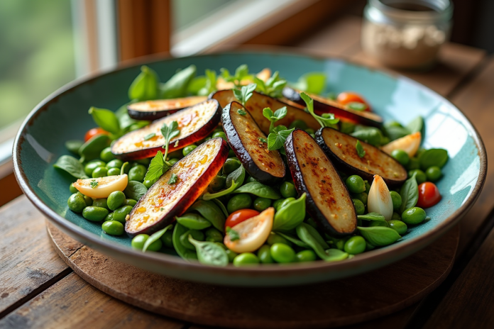 Salade colorée avec aubergine et edamame sur table