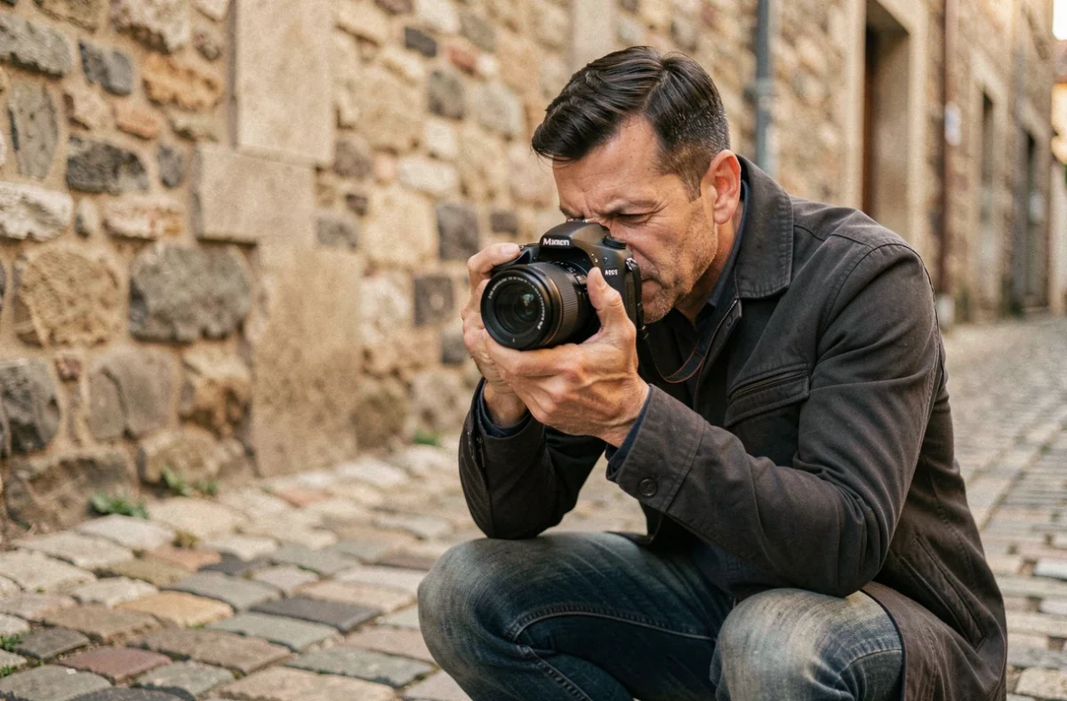 Photographe Sébastien Conejero en train de cadrer une photo dans un village du Tarn