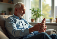 Homme senior se massant le pied dans un salon lumineux