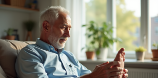 Homme senior se massant le pied dans un salon lumineux
