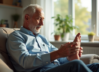Homme senior se massant le pied dans un salon lumineux