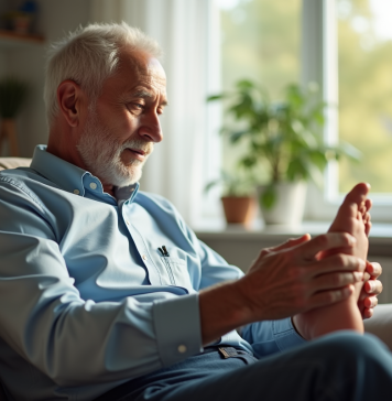 Homme senior se massant le pied dans un salon lumineux