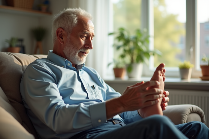 senior-massage-pied-living-room Homme senior se massant le pied dans un salon lumineux