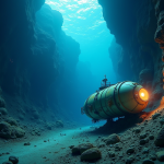 Sous-marin profond illuminant un canyon sous-marin mystérieux