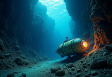 Sous-marin profond illuminant un canyon sous-marin mystérieux