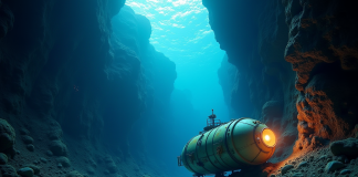 Sous-marin profond illuminant un canyon sous-marin mystérieux