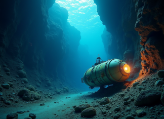 Sous-marin profond illuminant un canyon sous-marin mystérieux