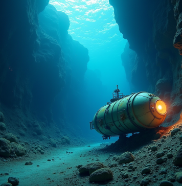 Sous-marin profond illuminant un canyon sous-marin mystérieux