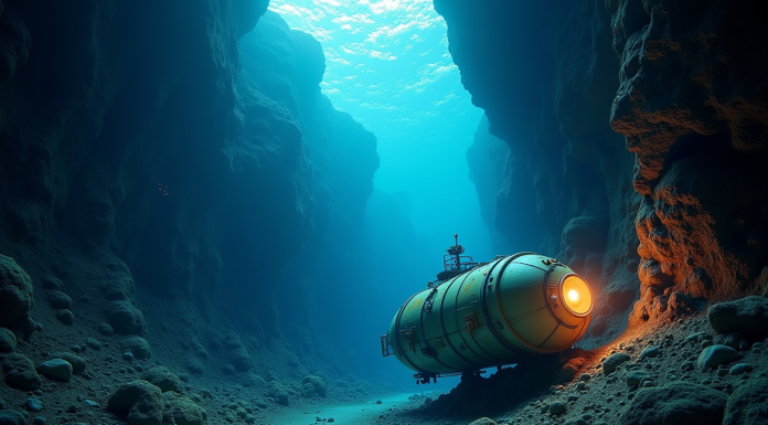 Sous-marin profond illuminant un canyon sous-marin mystérieux