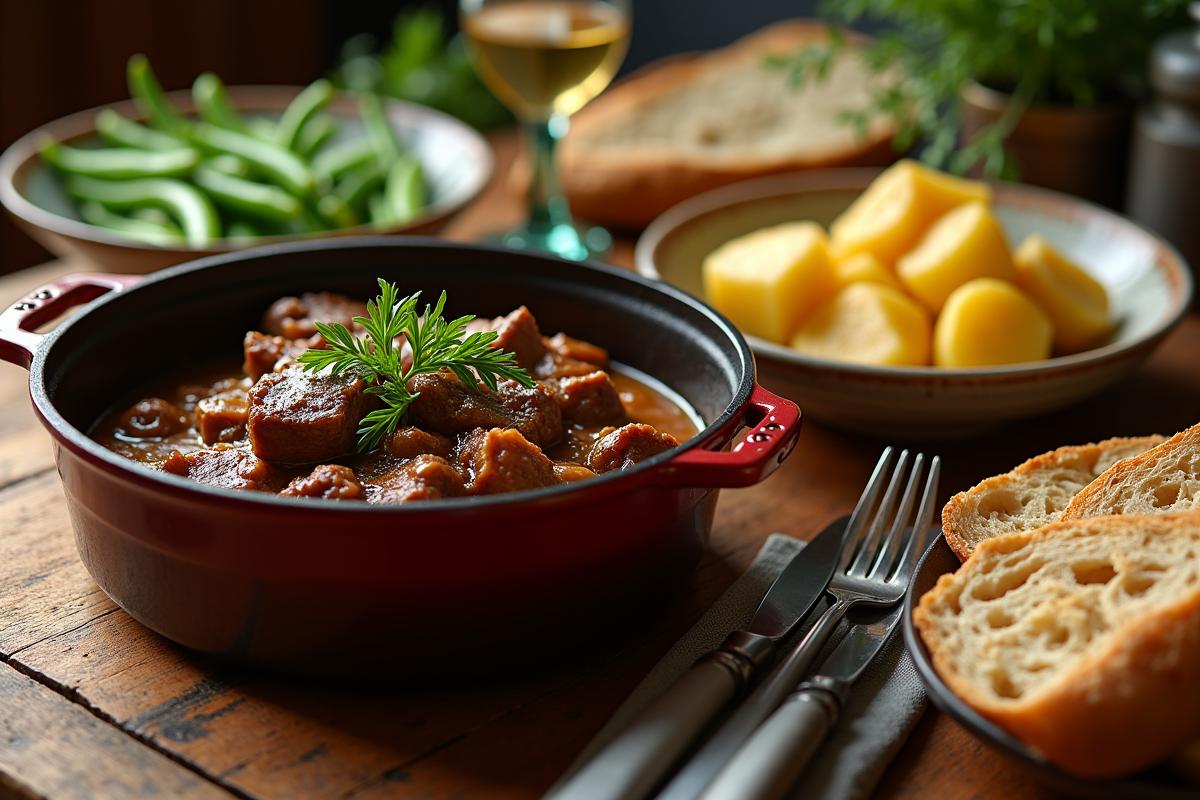 Table rustique avec boeuf bourguignon et accompagnements