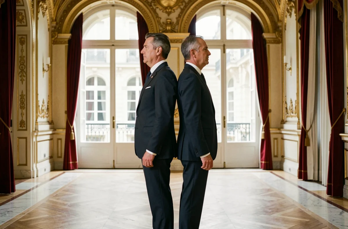 Deux hommes politiques français en costume comparant leur taille dans un palais gouvernemental