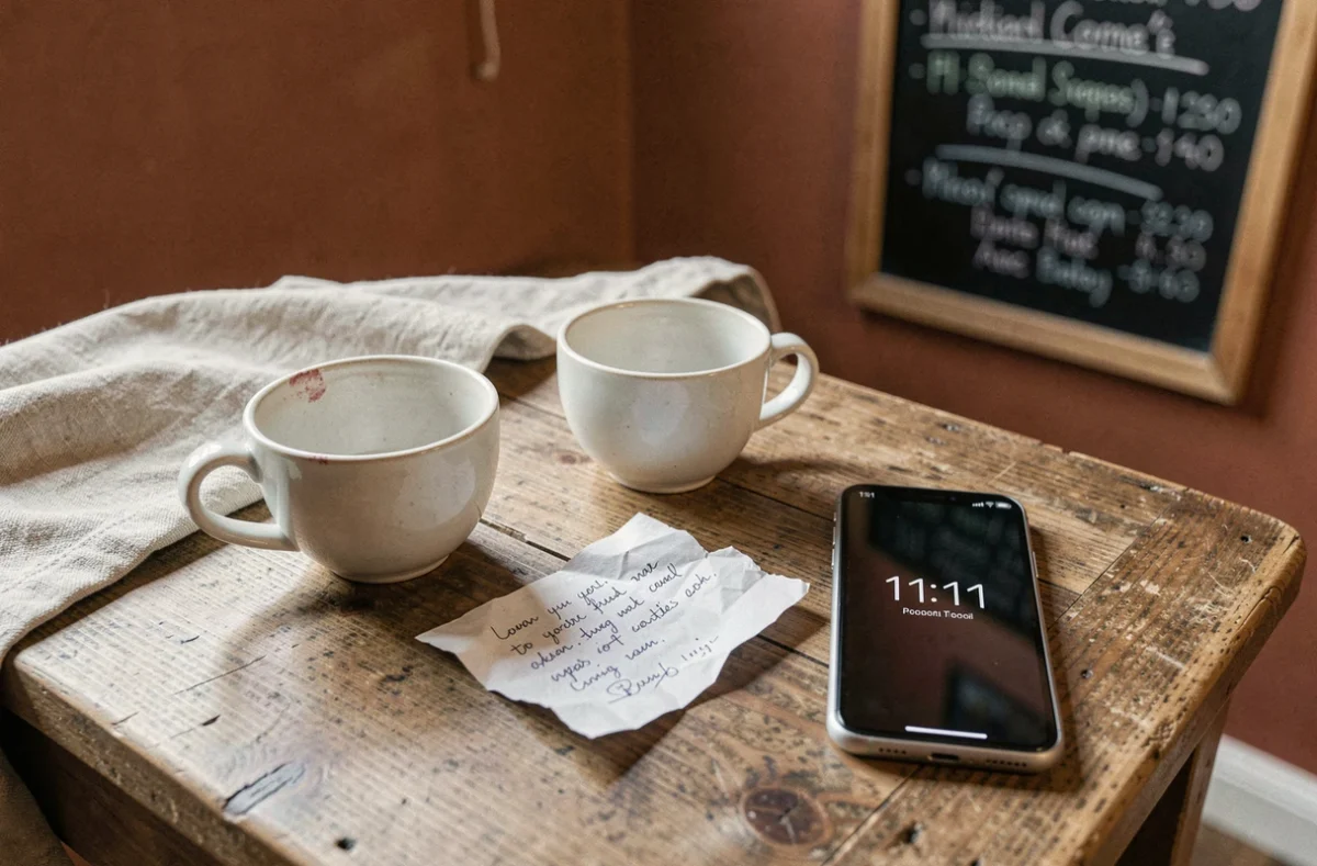 Deux tasses de café vides sur une table de café avec un message froissé et un téléphone affichant 11h11, symbolisant une séparation amoureuse