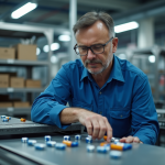 Technicien industriel examinant des piles AA dans une usine moderne