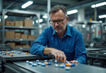Technicien industriel examinant des piles AA dans une usine moderne