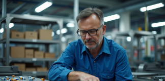 Technicien industriel examinant des piles AA dans une usine moderne
