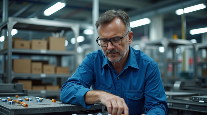 Technicien industriel examinant des piles AA dans une usine moderne
