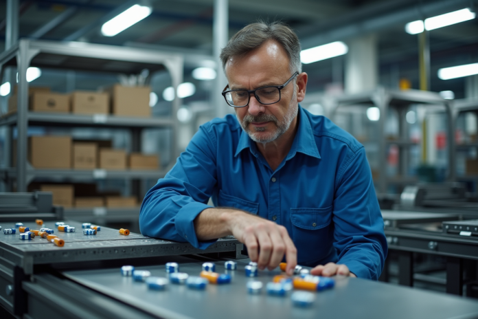 Technicien industriel examinant des piles AA dans une usine moderne