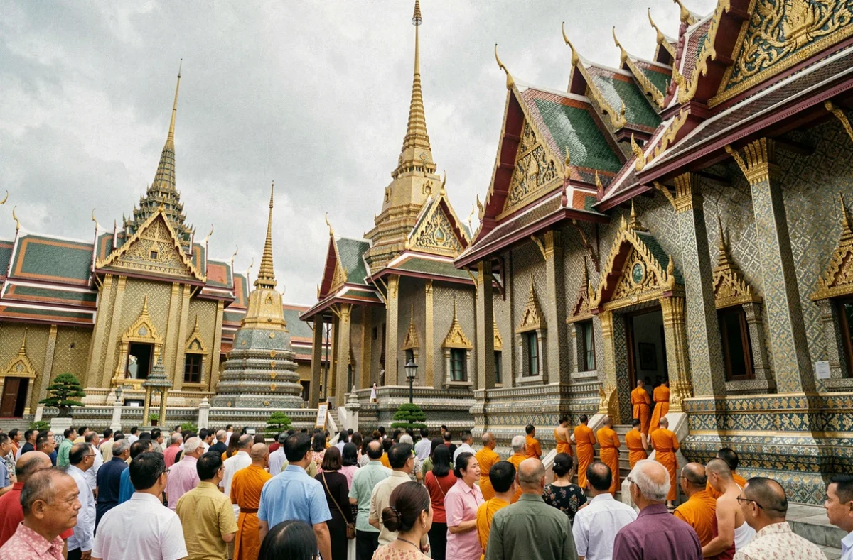 Le complexe du Wat Phra Kaew à Bangkok en Thaïlande avec des touristes et des moines bouddhistes devant les chédis dorés ornés