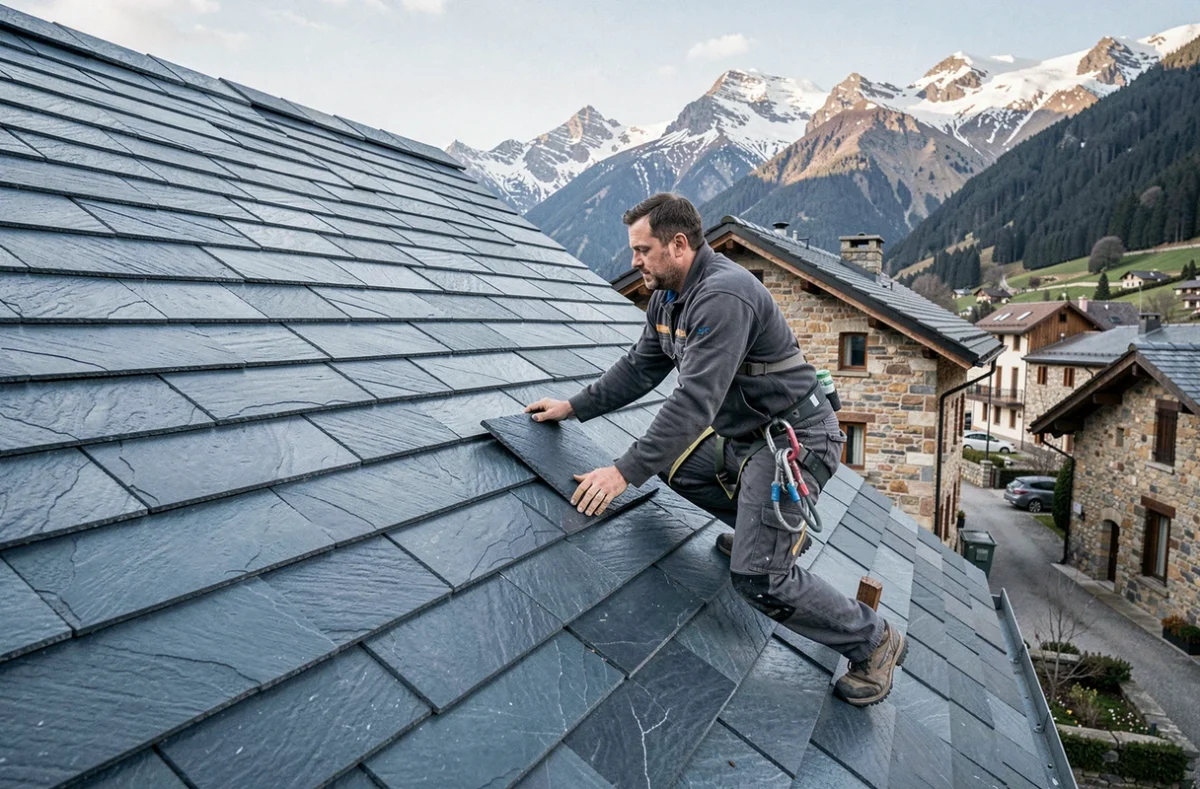 Couvreur posant des ardoises sur un toit à forte pente avec un panorama de montagnes alpines en arrière-plan