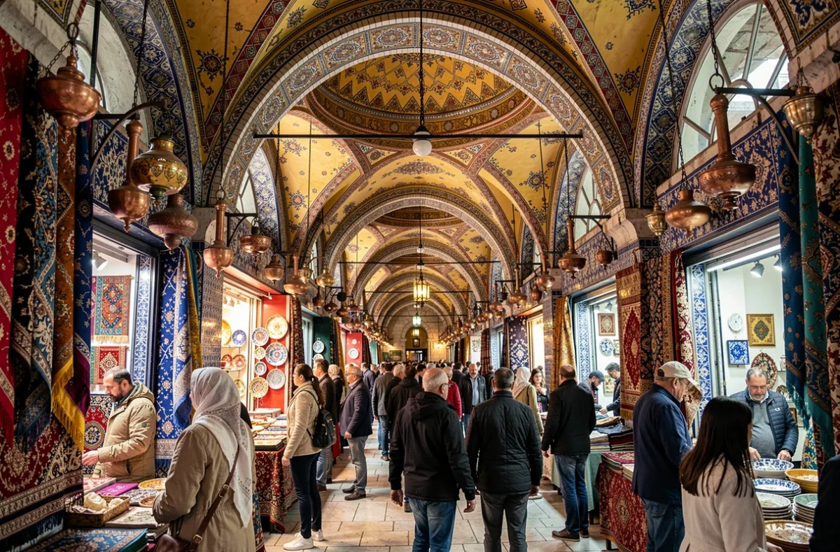 L'intérieur du Grand Bazar d'Istanbul en Turquie avec des passages voûtés ornés et une foule de visiteurs entre les étals colorés