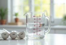 Verre mesure 200 ml avec cuillères à côté dans la cuisine