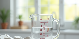 Verre mesure 200 ml avec cuillères à côté dans la cuisine