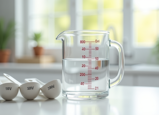 Verre mesure 200 ml avec cuillères à côté dans la cuisine