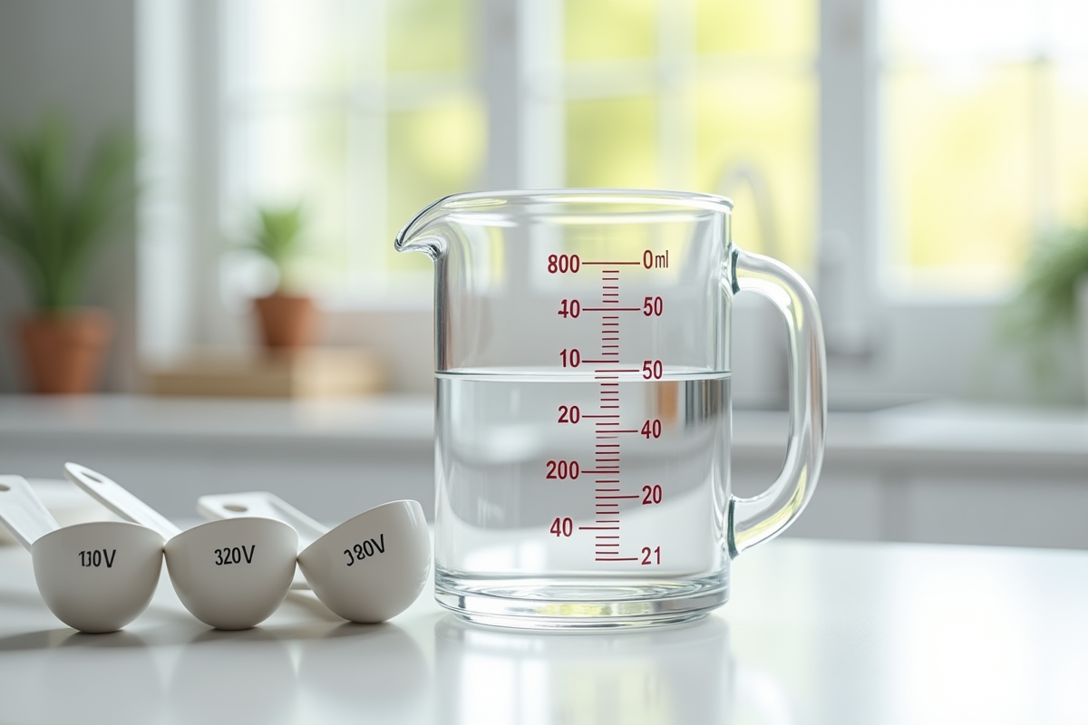 Verre mesure 200 ml avec cuillères à côté dans la cuisine