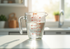 Verre mesureur rempli de liquide sur plan de cuisine lumineux