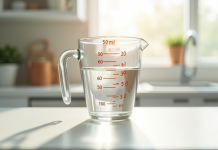 Verre mesureur rempli de liquide sur plan de cuisine lumineux