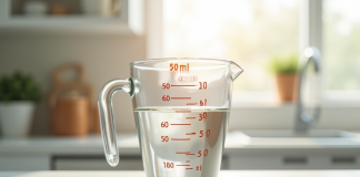Verre mesureur rempli de liquide sur plan de cuisine lumineux