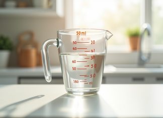 Verre mesureur rempli de liquide sur plan de cuisine lumineux