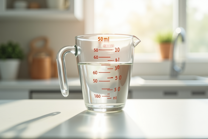 Verre mesureur rempli de liquide sur plan de cuisine lumineux