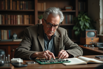 Chercheur âgé examinant une carte électronique ancienne