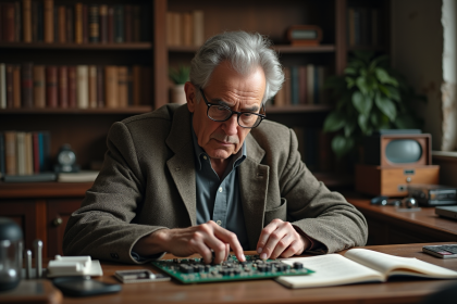 Chercheur âgé examinant une carte électronique ancienne