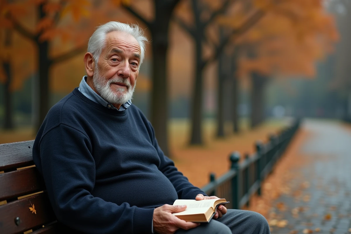 Vieil homme serein assis en silence dans un parc automnal tenant un livre de proverbes