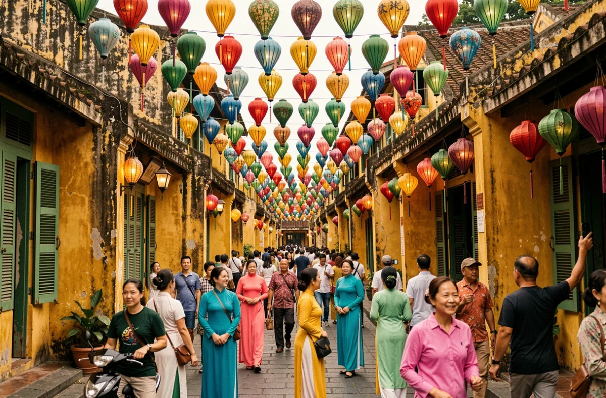 Les rues de la vieille ville de Hoi An au Vietnam ornées de lanternes colorées avec des femmes en ao dai traditionnel