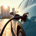 Voiture électrique en charge à une station moderne en ville