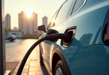 Voiture électrique en charge à une station moderne en ville
